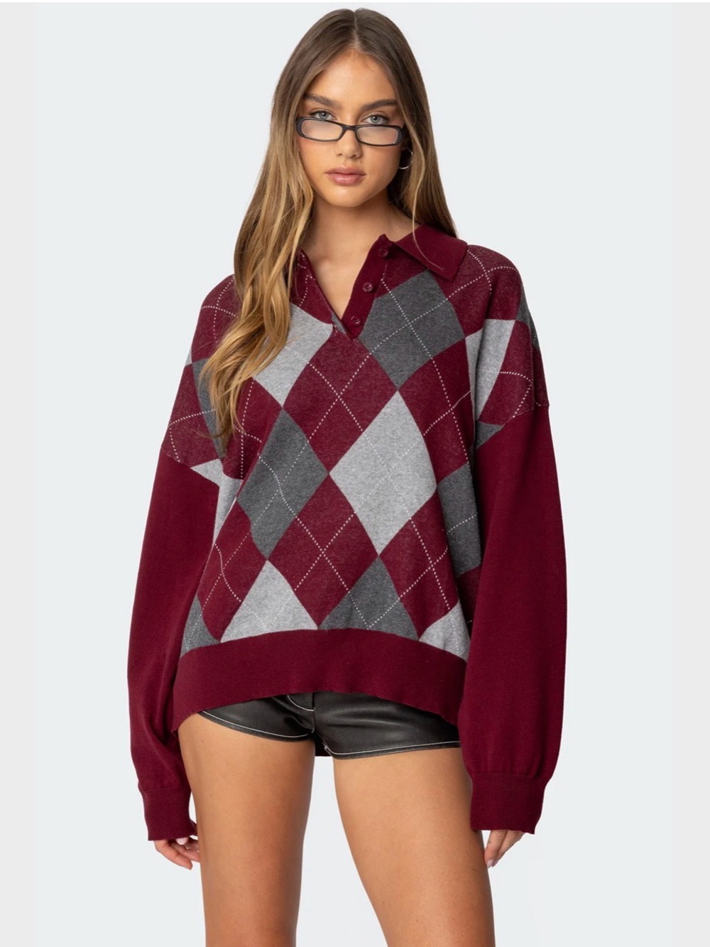 Edikted Argyle Oversized Polo Sweater
